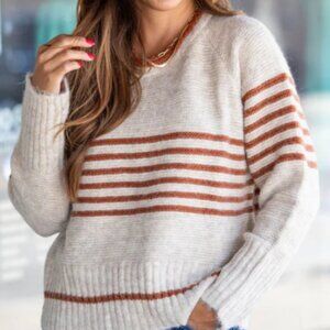 Striped Thick Ribbed Trim Sweater - Medium